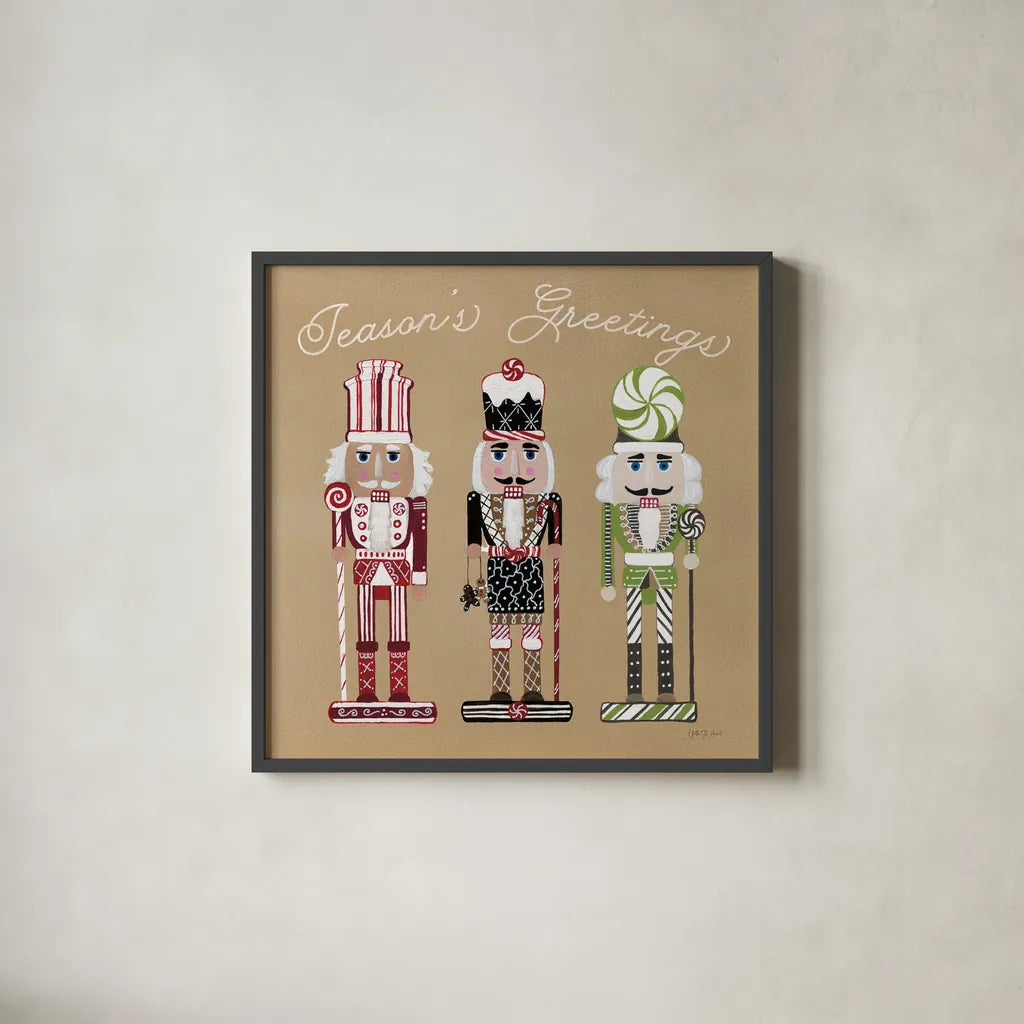 Festive Nutcrackers I by Yvette St. Amant. Shown in a sleek black glass frame for a contemporary gallery look. Available as an archival giclee rolled canvas, fine art paper, or poster print. SKU 89869a.