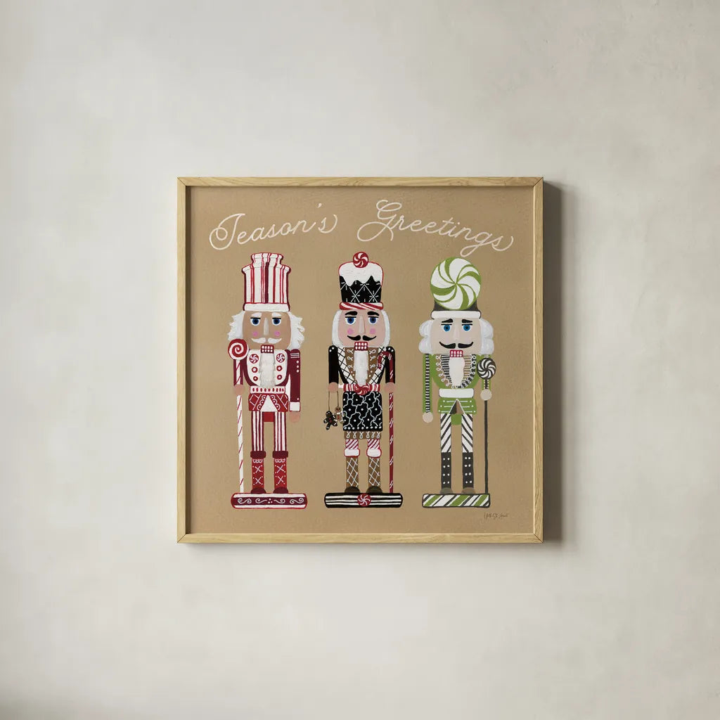 Festive Nutcrackers I by Yvette St. Amant. Shown in a natural wood glass frame for a timeless modern aesthetic. Available as an archival giclee rolled canvas, fine art paper, or poster print. SKU 89869a.