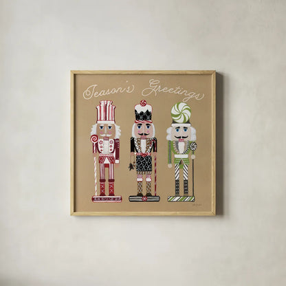 Festive Nutcrackers I by Yvette St. Amant. Shown in a natural wood glass frame for a timeless modern aesthetic. Available as an archival giclee rolled canvas, fine art paper, or poster print. SKU 89869a.