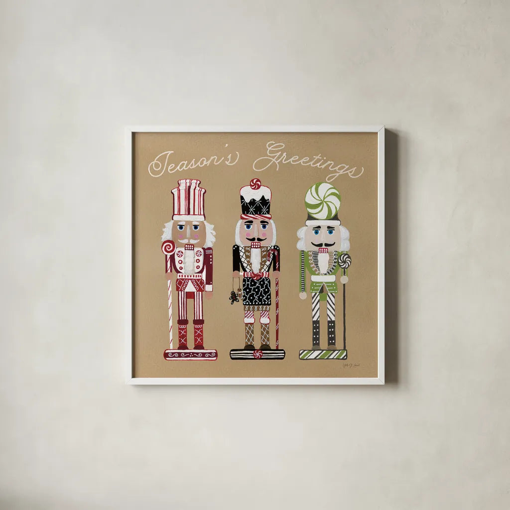 Festive Nutcrackers I by Yvette St. Amant. Shown in a crisp white glass frame for a clean and minimalist style. Available as an archival giclee rolled canvas, fine art paper, or poster print. SKU 89869a.