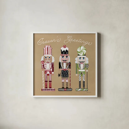 Festive Nutcrackers I by Yvette St. Amant. Shown in a crisp white glass frame for a clean and minimalist style. Available as an archival giclee rolled canvas, fine art paper, or poster print. SKU 89869a.