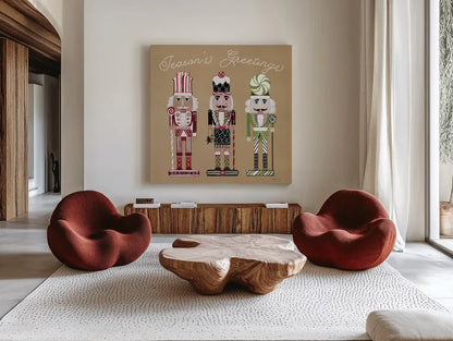 Festive Nutcrackers I by Yvette St. Amant. Shown as extra-large giant wall art in a modern living room. Available as an archival giclee rolled canvas, fine art paper, or poster print. SKU 89869a.