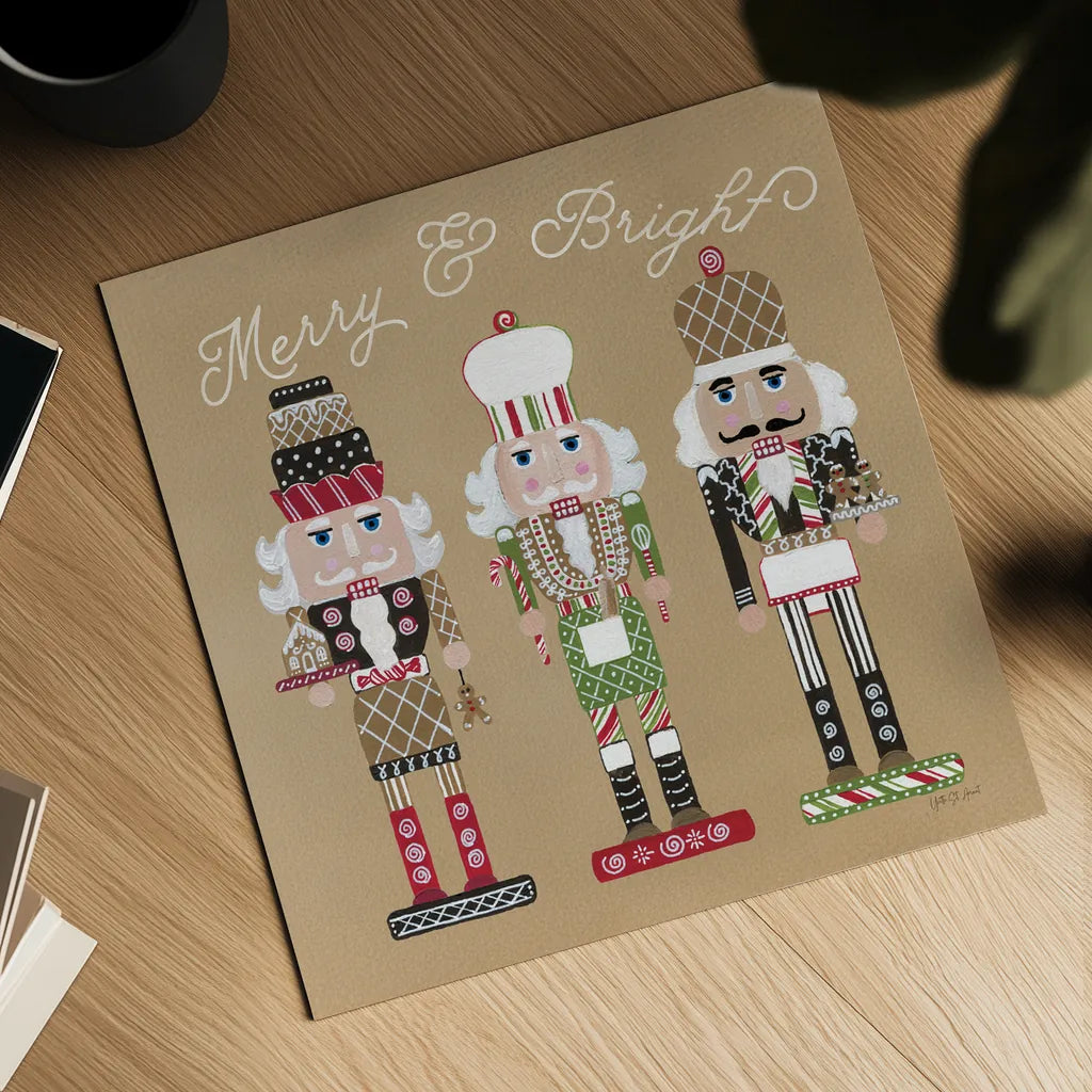 Festive Nutcrackers II by Yvette St. Amant. Shown as a detailed flat fine art print, highlighting archival giclee quality. Available as an archival giclee rolled canvas, fine art paper, or poster print. SKU 89870a.