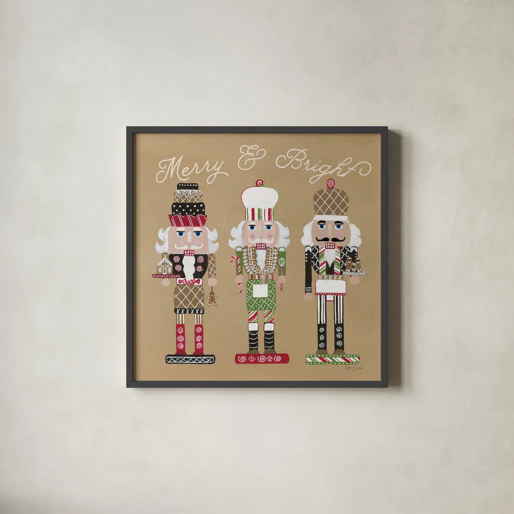 Festive Nutcrackers II by Yvette St. Amant. Shown in a sleek black glass frame for a contemporary gallery look. Available as an archival giclee rolled canvas, fine art paper, or poster print. SKU 89870a.