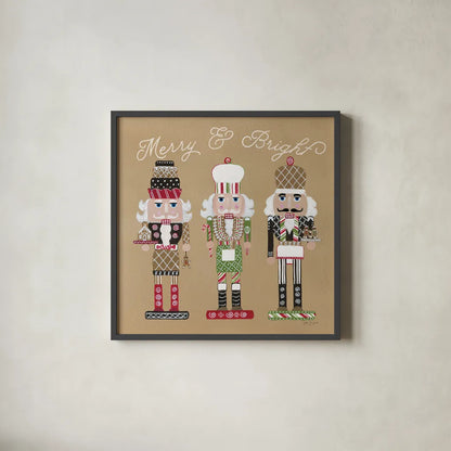 Festive Nutcrackers II by Yvette St. Amant. Shown in a sleek black glass frame for a contemporary gallery look. Available as an archival giclee rolled canvas, fine art paper, or poster print. SKU 89870a.