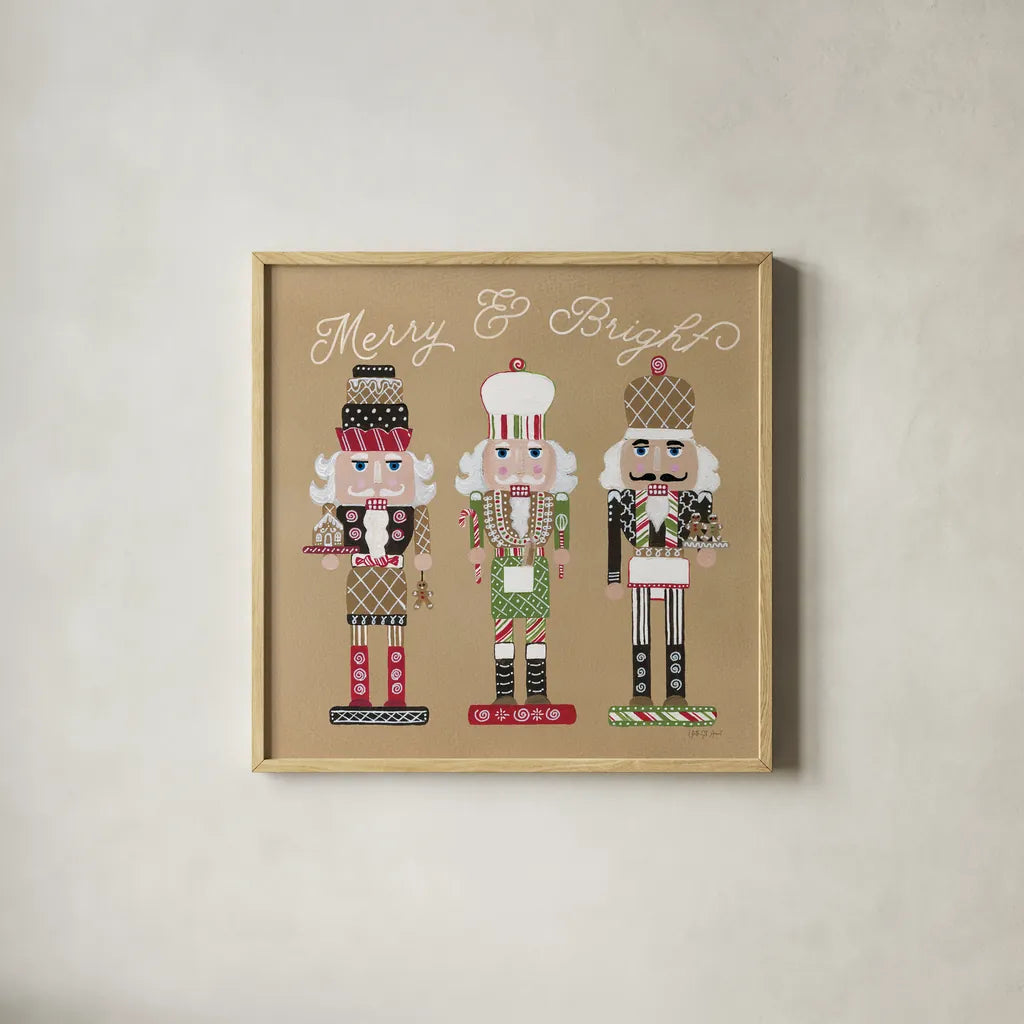 Festive Nutcrackers II by Yvette St. Amant. Shown in a natural wood glass frame for a timeless modern aesthetic. Available as an archival giclee rolled canvas, fine art paper, or poster print. SKU 89870a.