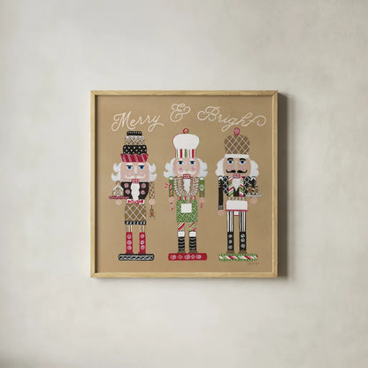 Festive Nutcrackers II by Yvette St. Amant. Shown in a natural wood glass frame for a timeless modern aesthetic. Available as an archival giclee rolled canvas, fine art paper, or poster print. SKU 89870a.