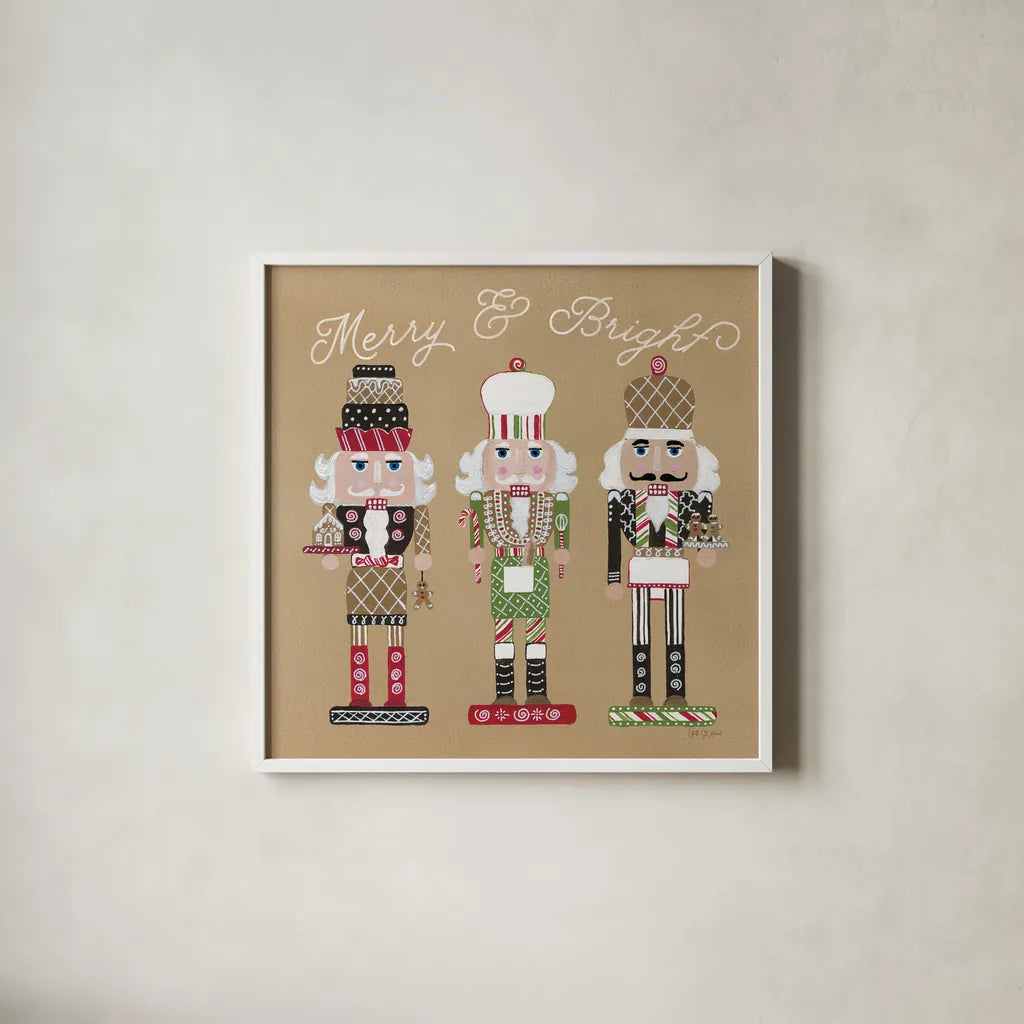 Festive Nutcrackers II by Yvette St. Amant. Shown in a crisp white glass frame for a clean and minimalist style. Available as an archival giclee rolled canvas, fine art paper, or poster print. SKU 89870a.
