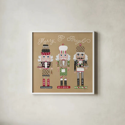 Festive Nutcrackers II by Yvette St. Amant. Shown in a crisp white glass frame for a clean and minimalist style. Available as an archival giclee rolled canvas, fine art paper, or poster print. SKU 89870a.