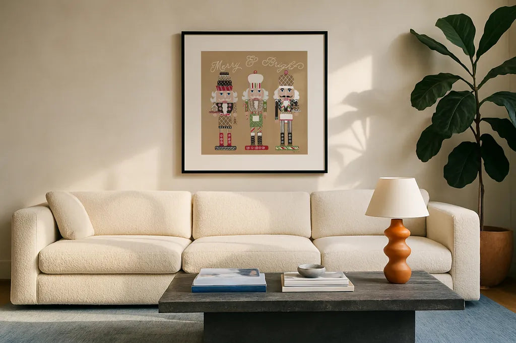 Festive Nutcrackers II by Yvette St. Amant. Displayed in a glass frame with matte in a clean modern living room. Available as an archival giclee rolled canvas, fine art paper, or poster print. SKU 89870a.