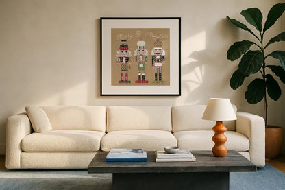 Festive Nutcrackers II by Yvette St. Amant. Displayed in a glass frame with matte in a clean modern living room. Available as an archival giclee rolled canvas, fine art paper, or poster print. SKU 89870a.