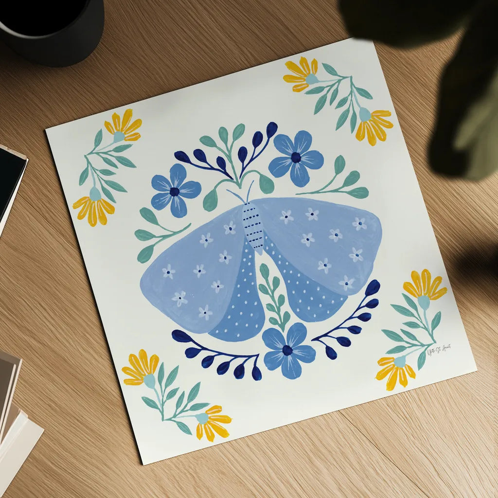 Folk Butterfly I by Yvette St. Amant. Shown as a detailed flat fine art print, highlighting archival giclee quality. Available as an archival giclee rolled canvas, fine art paper, or poster print. SKU 91258a.