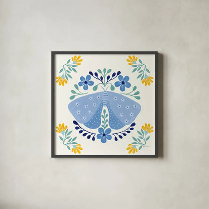 Folk Butterfly I by Yvette St. Amant. Shown in a sleek black glass frame for a contemporary gallery look. Available as an archival giclee rolled canvas, fine art paper, or poster print. SKU 91258a.