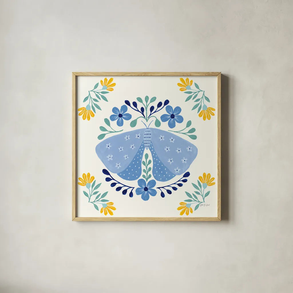 Folk Butterfly I by Yvette St. Amant. Shown in a natural wood glass frame for a timeless modern aesthetic. Available as an archival giclee rolled canvas, fine art paper, or poster print. SKU 91258a.