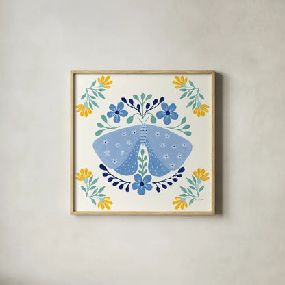 Folk Butterfly I by Yvette St. Amant. Shown in a natural wood glass frame for a timeless modern aesthetic. Available as an archival giclee rolled canvas, fine art paper, or poster print. SKU 91258a.