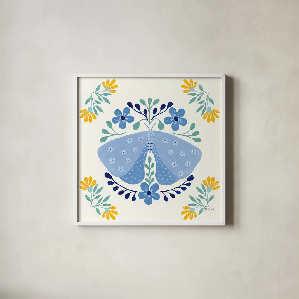 Folk Butterfly I by Yvette St. Amant. Shown in a crisp white glass frame for a clean and minimalist style. Available as an archival giclee rolled canvas, fine art paper, or poster print. SKU 91258a.
