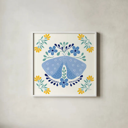 Folk Butterfly I by Yvette St. Amant. Shown in a crisp white glass frame for a clean and minimalist style. Available as an archival giclee rolled canvas, fine art paper, or poster print. SKU 91258a.