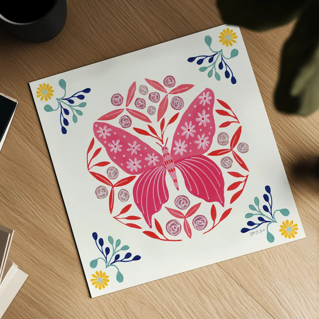 Folk Butterfly II by Yvette St. Amant. Shown as a detailed flat fine art print, highlighting archival giclee quality. Available as an archival giclee rolled canvas, fine art paper, or poster print. SKU 91259a.