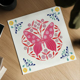 Folk Butterfly II by Yvette St. Amant. Shown as a detailed flat fine art print, highlighting archival giclee quality. Available as an archival giclee rolled canvas, fine art paper, or poster print. SKU 91259a.
