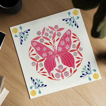 Folk Butterfly II by Yvette St. Amant. Shown as a detailed flat fine art print, highlighting archival giclee quality. Available as an archival giclee rolled canvas, fine art paper, or poster print. SKU 91259a.