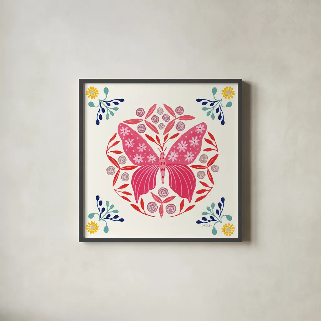 Folk Butterfly II by Yvette St. Amant. Shown in a sleek black glass frame for a contemporary gallery look. Available as an archival giclee rolled canvas, fine art paper, or poster print. SKU 91259a.