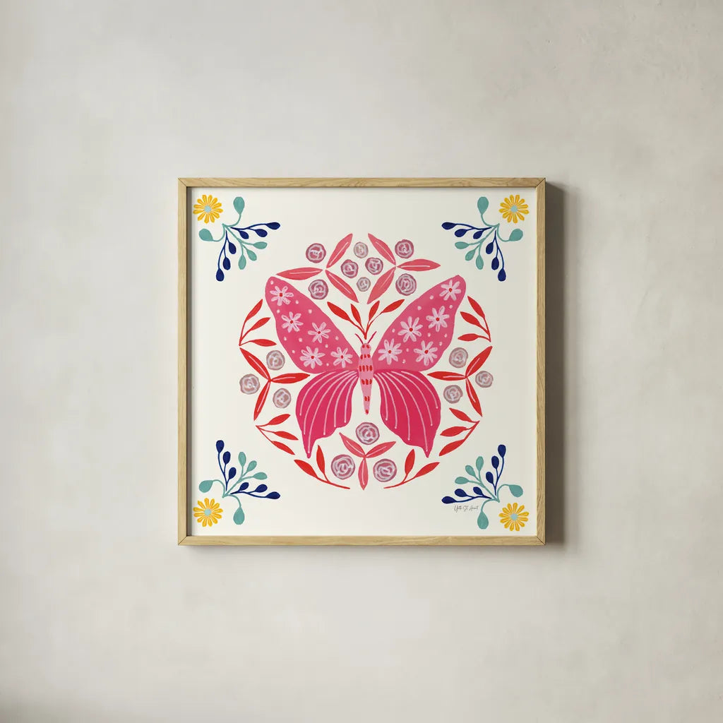 Folk Butterfly II by Yvette St. Amant. Shown in a natural wood glass frame for a timeless modern aesthetic. Available as an archival giclee rolled canvas, fine art paper, or poster print. SKU 91259a.