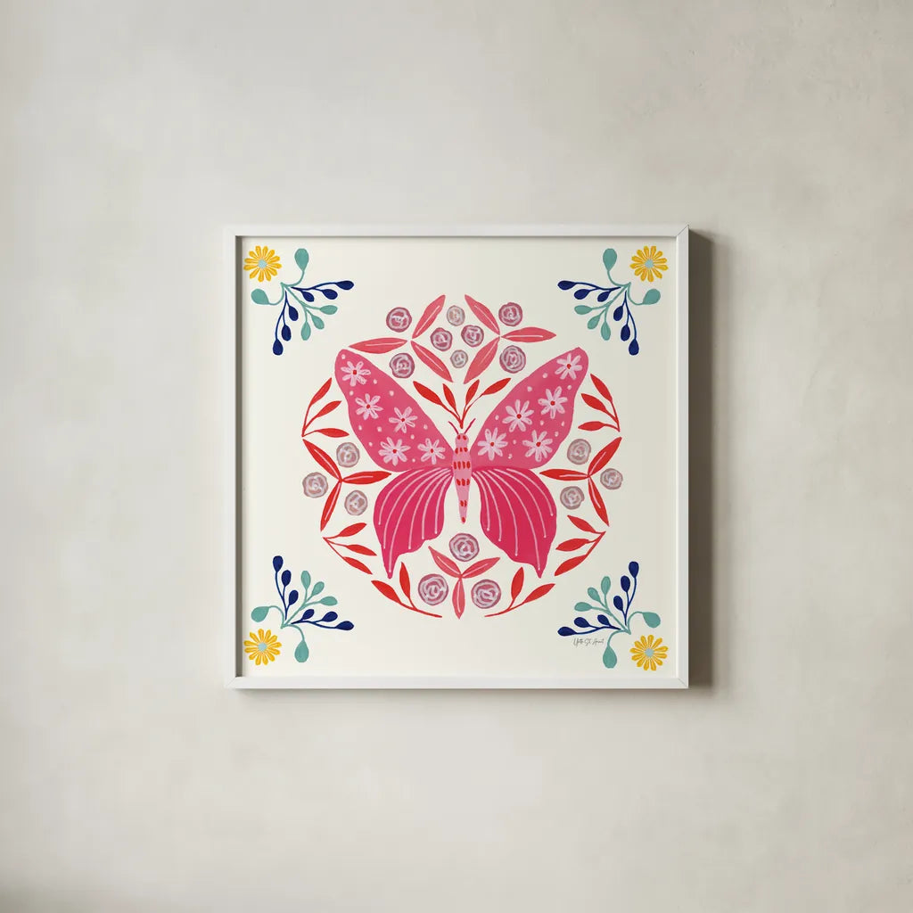 Folk Butterfly II by Yvette St. Amant. Shown in a crisp white glass frame for a clean and minimalist style. Available as an archival giclee rolled canvas, fine art paper, or poster print. SKU 91259a.
