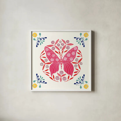 Folk Butterfly II by Yvette St. Amant. Shown in a crisp white glass frame for a clean and minimalist style. Available as an archival giclee rolled canvas, fine art paper, or poster print. SKU 91259a.