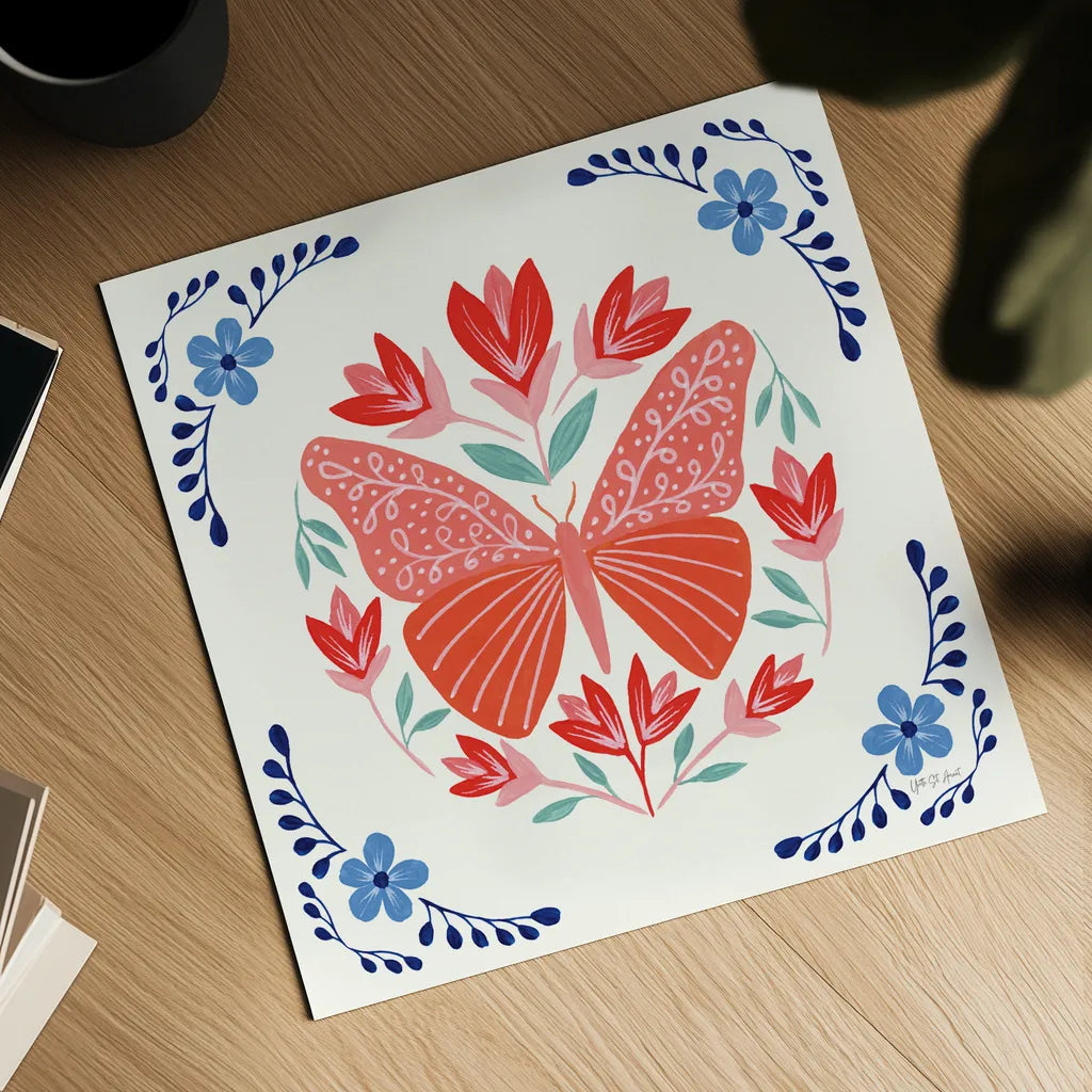 Folk Butterfly III by Yvette St. Amant. Shown as a detailed flat fine art print, highlighting archival giclee quality. Available as an archival giclee rolled canvas, fine art paper, or poster print. SKU 91260a.