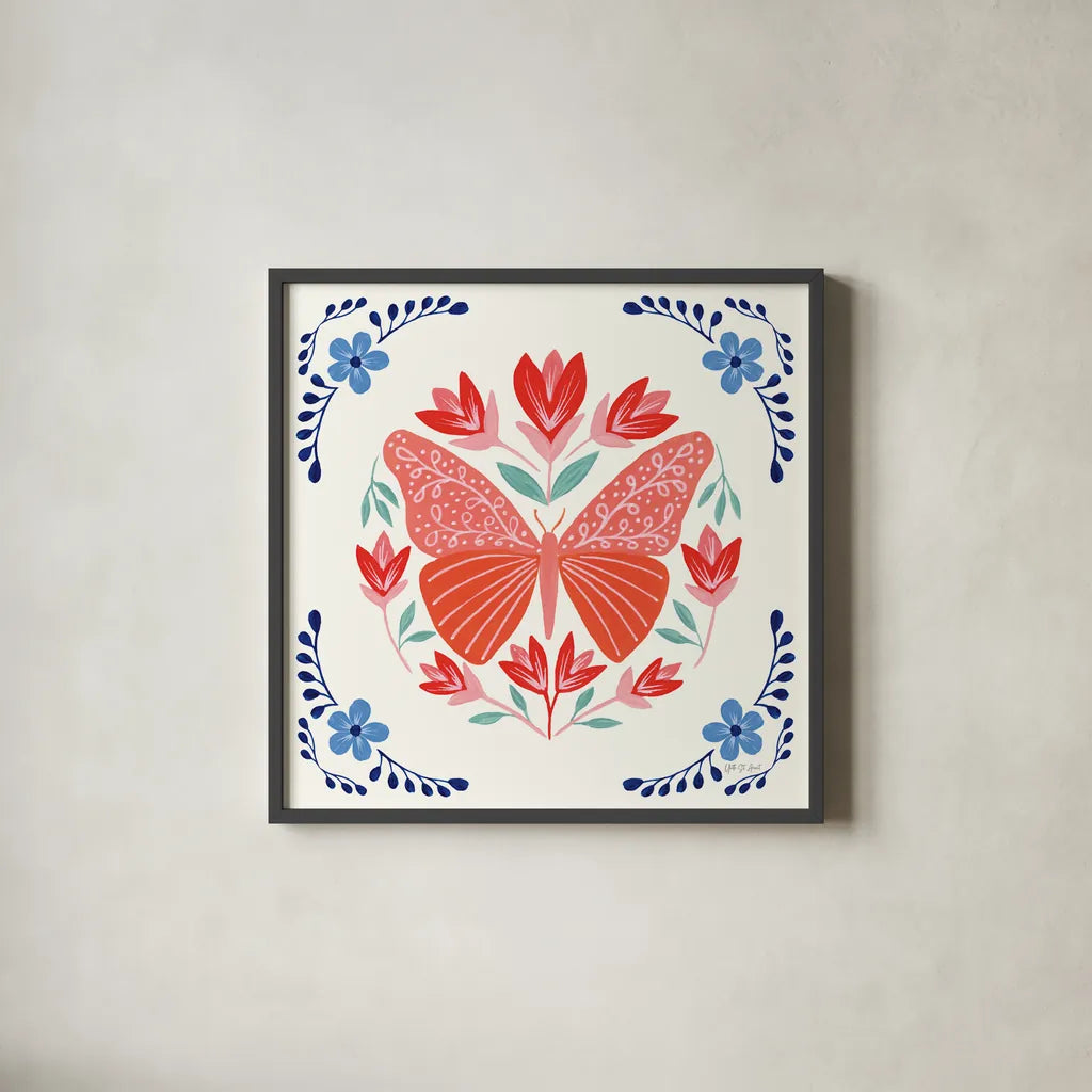 Folk Butterfly III by Yvette St. Amant. Shown in a sleek black glass frame for a contemporary gallery look. Available as an archival giclee rolled canvas, fine art paper, or poster print. SKU 91260a.