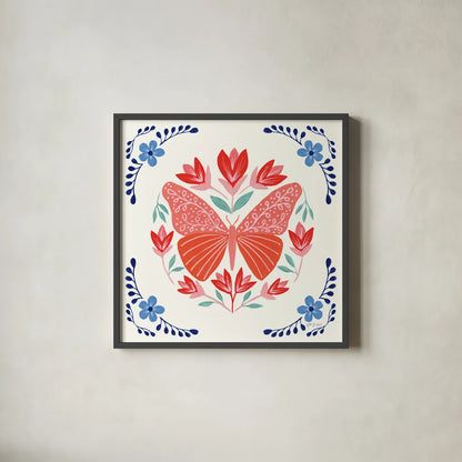 Folk Butterfly III by Yvette St. Amant. Shown in a sleek black glass frame for a contemporary gallery look. Available as an archival giclee rolled canvas, fine art paper, or poster print. SKU 91260a.