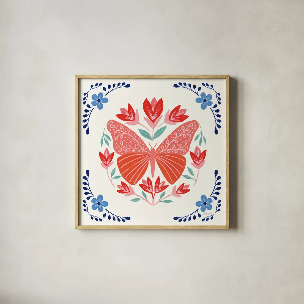 Folk Butterfly III by Yvette St. Amant. Shown in a natural wood glass frame for a timeless modern aesthetic. Available as an archival giclee rolled canvas, fine art paper, or poster print. SKU 91260a.