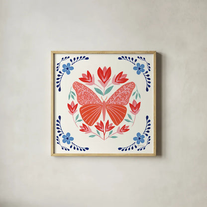 Folk Butterfly III by Yvette St. Amant. Shown in a natural wood glass frame for a timeless modern aesthetic. Available as an archival giclee rolled canvas, fine art paper, or poster print. SKU 91260a.