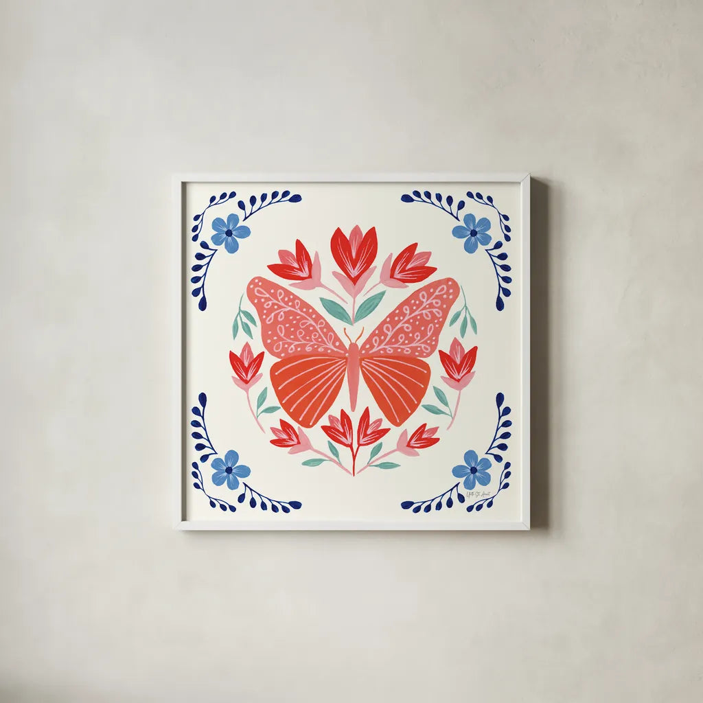 Folk Butterfly III by Yvette St. Amant. Shown in a crisp white glass frame for a clean and minimalist style. Available as an archival giclee rolled canvas, fine art paper, or poster print. SKU 91260a.