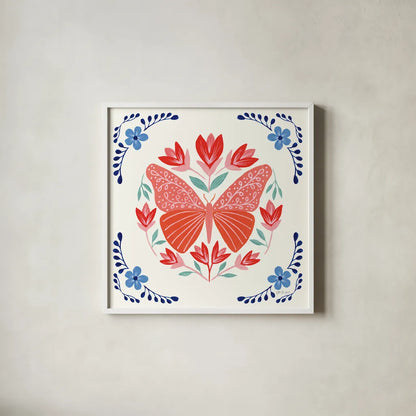 Folk Butterfly III by Yvette St. Amant. Shown in a crisp white glass frame for a clean and minimalist style. Available as an archival giclee rolled canvas, fine art paper, or poster print. SKU 91260a.