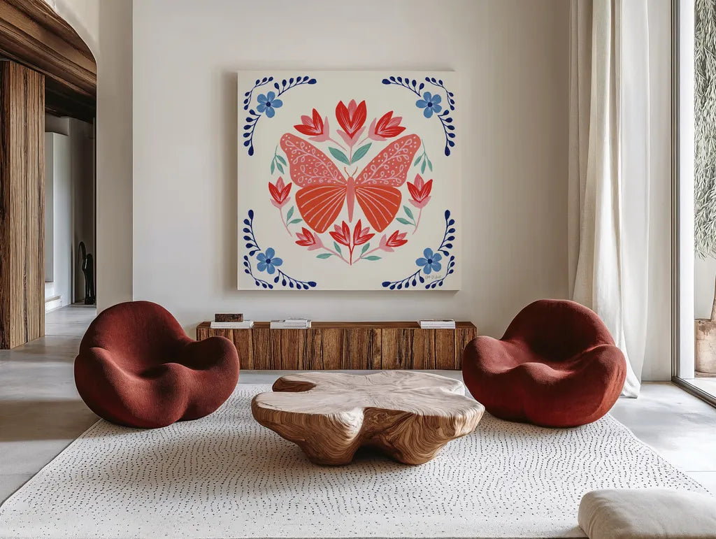 Folk Butterfly III by Yvette St. Amant. Shown as extra-large giant wall art in a modern living room. Available as an archival giclee rolled canvas, fine art paper, or poster print. SKU 91260a.