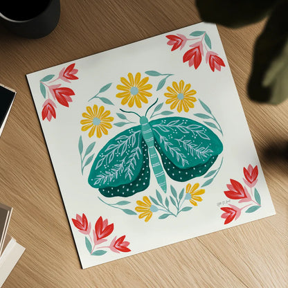 Folk Butterfly IV by Yvette St. Amant. Shown as a detailed flat fine art print, highlighting archival giclee quality. Available as an archival giclee rolled canvas, fine art paper, or poster print. SKU 91261a.