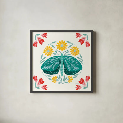 Folk Butterfly IV by Yvette St. Amant. Shown in a sleek black glass frame for a contemporary gallery look. Available as an archival giclee rolled canvas, fine art paper, or poster print. SKU 91261a.