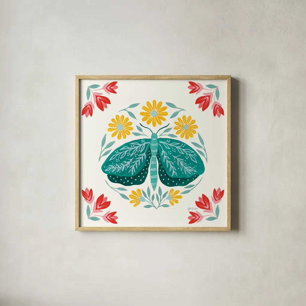 Folk Butterfly IV by Yvette St. Amant. Shown in a natural wood glass frame for a timeless modern aesthetic. Available as an archival giclee rolled canvas, fine art paper, or poster print. SKU 91261a.