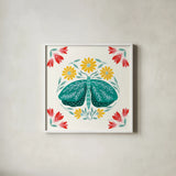 Folk Butterfly IV by Yvette St. Amant. Shown in a crisp white glass frame for a clean and minimalist style. Available as an archival giclee rolled canvas, fine art paper, or poster print. SKU 91261a.