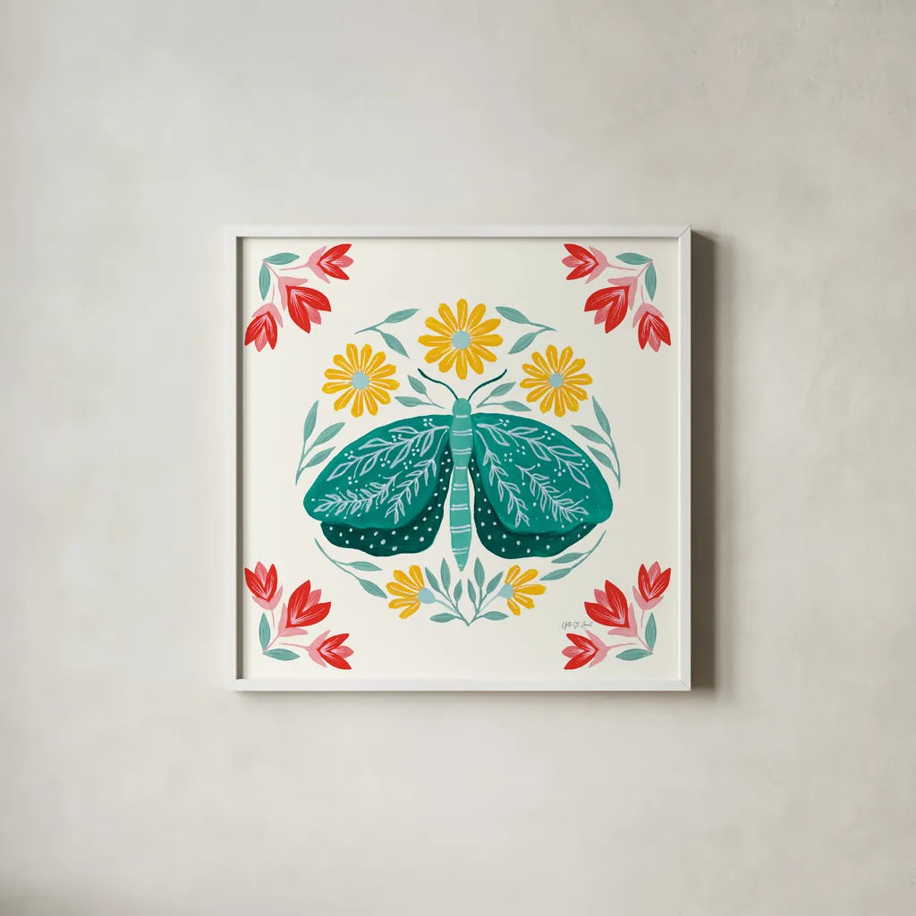 Folk Butterfly IV by Yvette St. Amant. Shown in a crisp white glass frame for a clean and minimalist style. Available as an archival giclee rolled canvas, fine art paper, or poster print. SKU 91261a.
