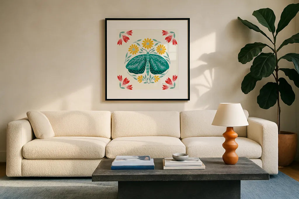 Folk Butterfly IV by Yvette St. Amant. Displayed in a glass frame with matte in a clean modern living room. Available as an archival giclee rolled canvas, fine art paper, or poster print. SKU 91261a.