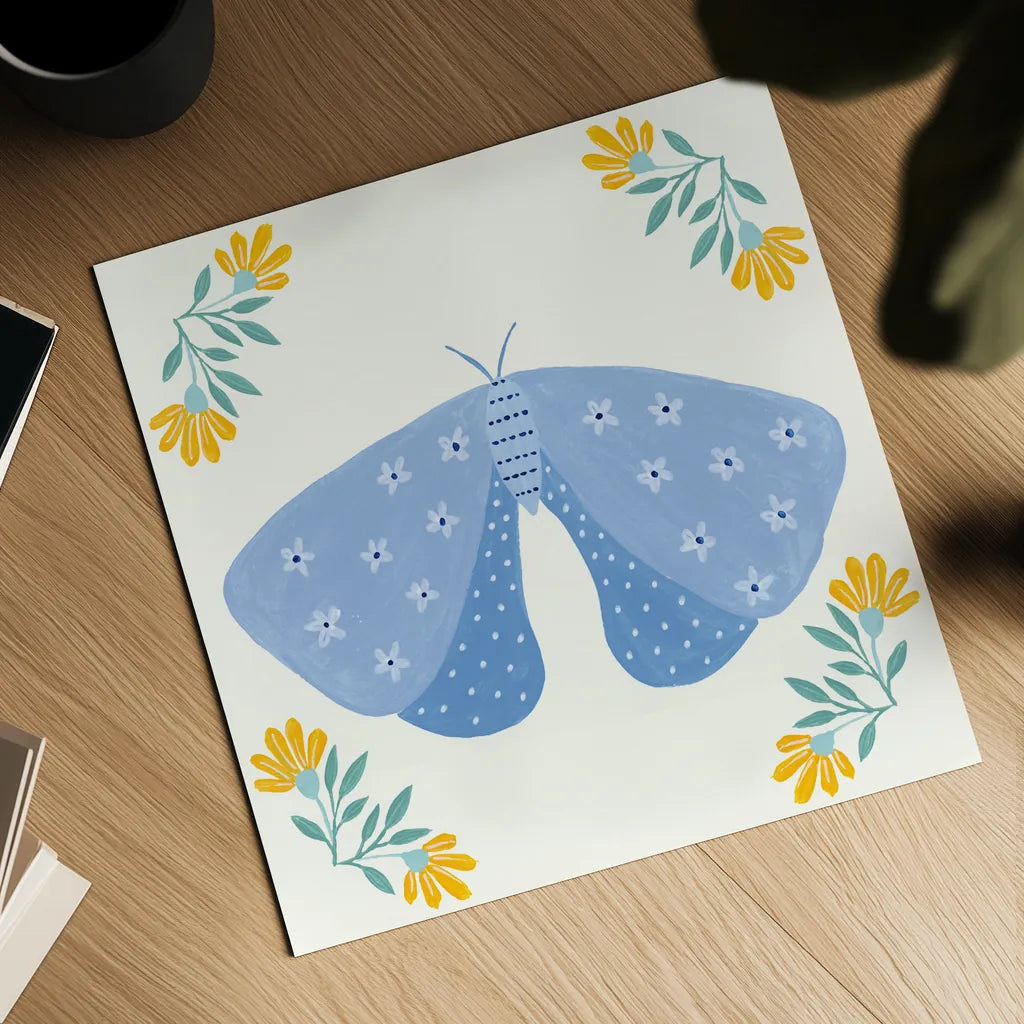 Folk Butterfly V by Yvette St. Amant. Shown as a detailed flat fine art print, highlighting archival giclee quality. Available as an archival giclee rolled canvas, fine art paper, or poster print. SKU 92335a.