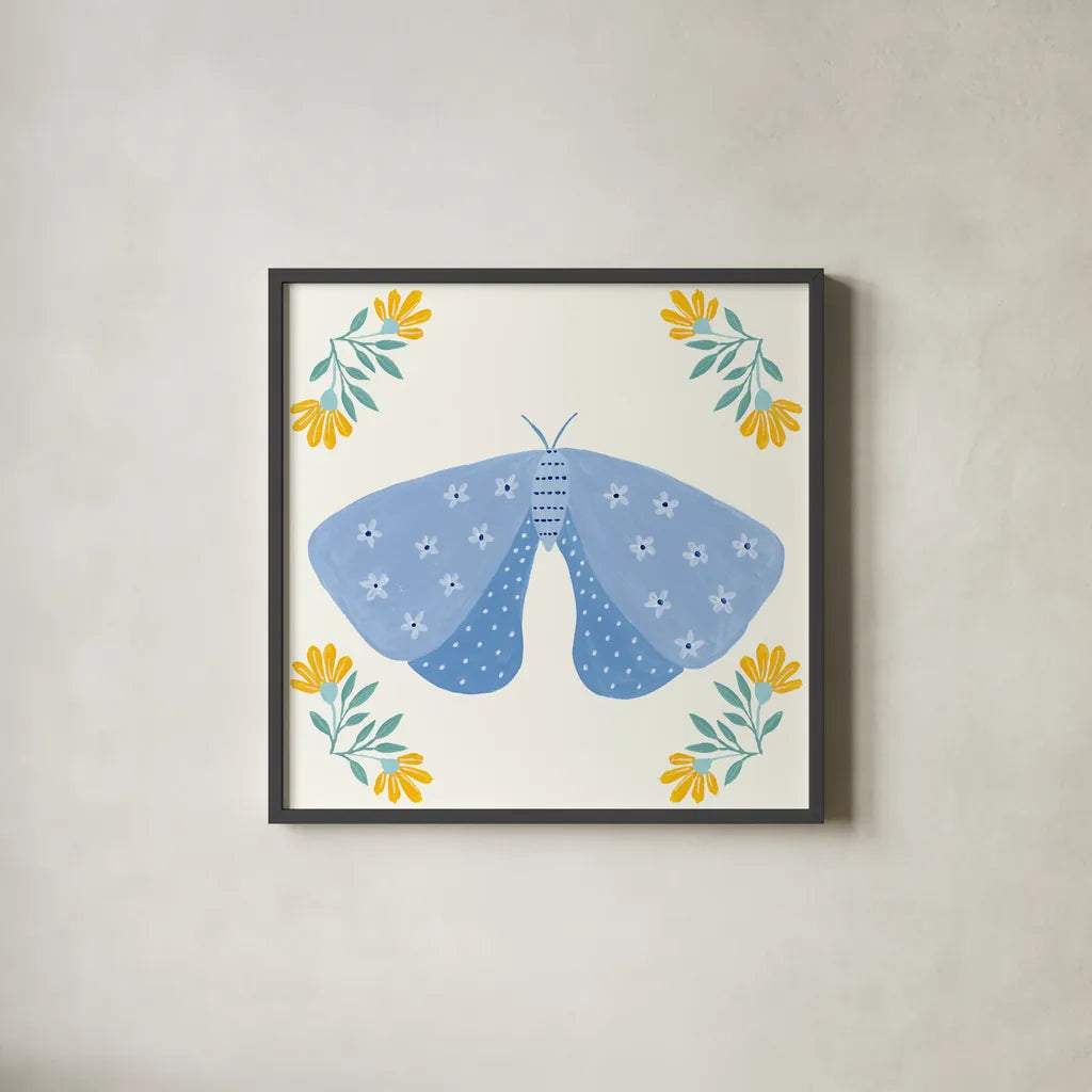 Folk Butterfly V by Yvette St. Amant. Shown in a sleek black glass frame for a contemporary gallery look. Available as an archival giclee rolled canvas, fine art paper, or poster print. SKU 92335a.