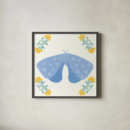 Folk Butterfly V by Yvette St. Amant. Shown in a sleek black glass frame for a contemporary gallery look. Available as an archival giclee rolled canvas, fine art paper, or poster print. SKU 92335a.
