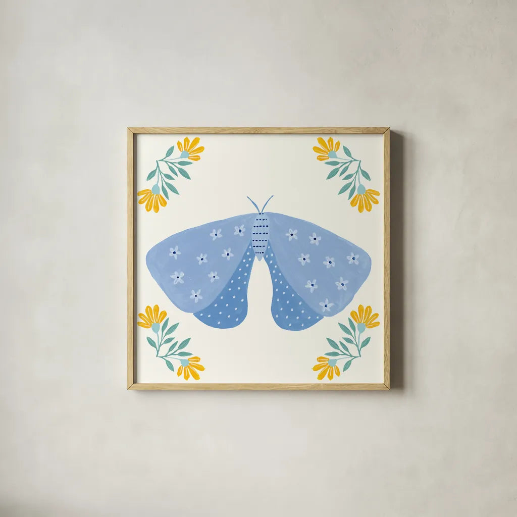 Folk Butterfly V by Yvette St. Amant. Shown in a natural wood glass frame for a timeless modern aesthetic. Available as an archival giclee rolled canvas, fine art paper, or poster print. SKU 92335a.