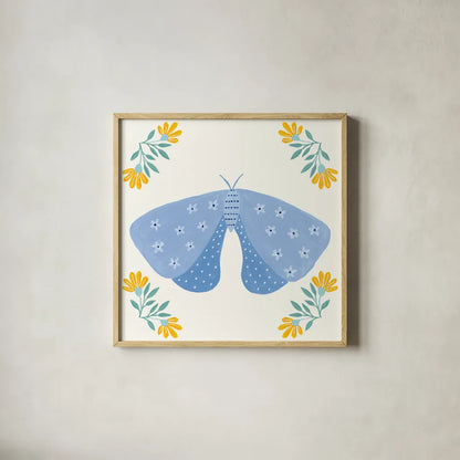 Folk Butterfly V by Yvette St. Amant. Shown in a natural wood glass frame for a timeless modern aesthetic. Available as an archival giclee rolled canvas, fine art paper, or poster print. SKU 92335a.