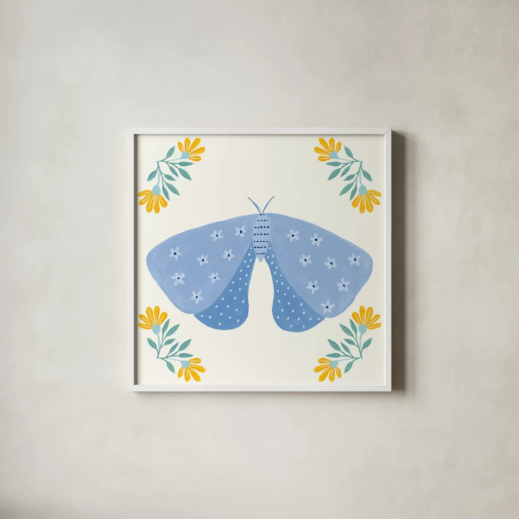 Folk Butterfly V by Yvette St. Amant. Shown in a crisp white glass frame for a clean and minimalist style. Available as an archival giclee rolled canvas, fine art paper, or poster print. SKU 92335a.