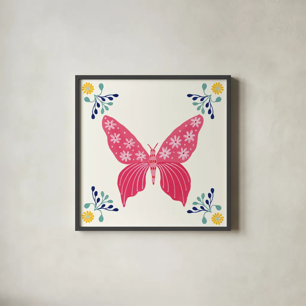 Folk Butterfly VI by Yvette St. Amant. Shown in a sleek black glass frame for a contemporary gallery look. Available as an archival giclee rolled canvas, fine art paper, or poster print. SKU 92336a.