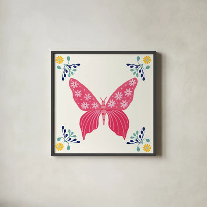 Folk Butterfly VI by Yvette St. Amant. Shown in a sleek black glass frame for a contemporary gallery look. Available as an archival giclee rolled canvas, fine art paper, or poster print. SKU 92336a.